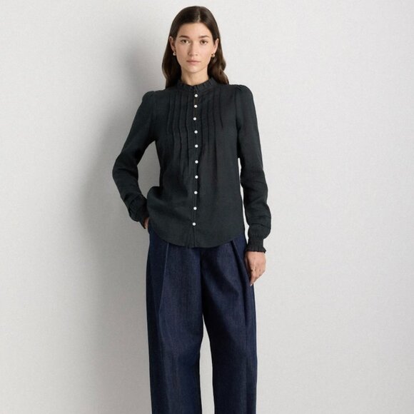 Quince Organic Textured Cotton Peasant Blouse in Black - Picture 2 of 8